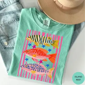Comfort Colors Preppy Fish T-Shirt, Female Fishing Shirt, Colorful Maximalist Sublimation, Summer Vacation Tee, Funny Beach T-Shirt, Girls Fish Tool Gift for Her, Cotton Fabric