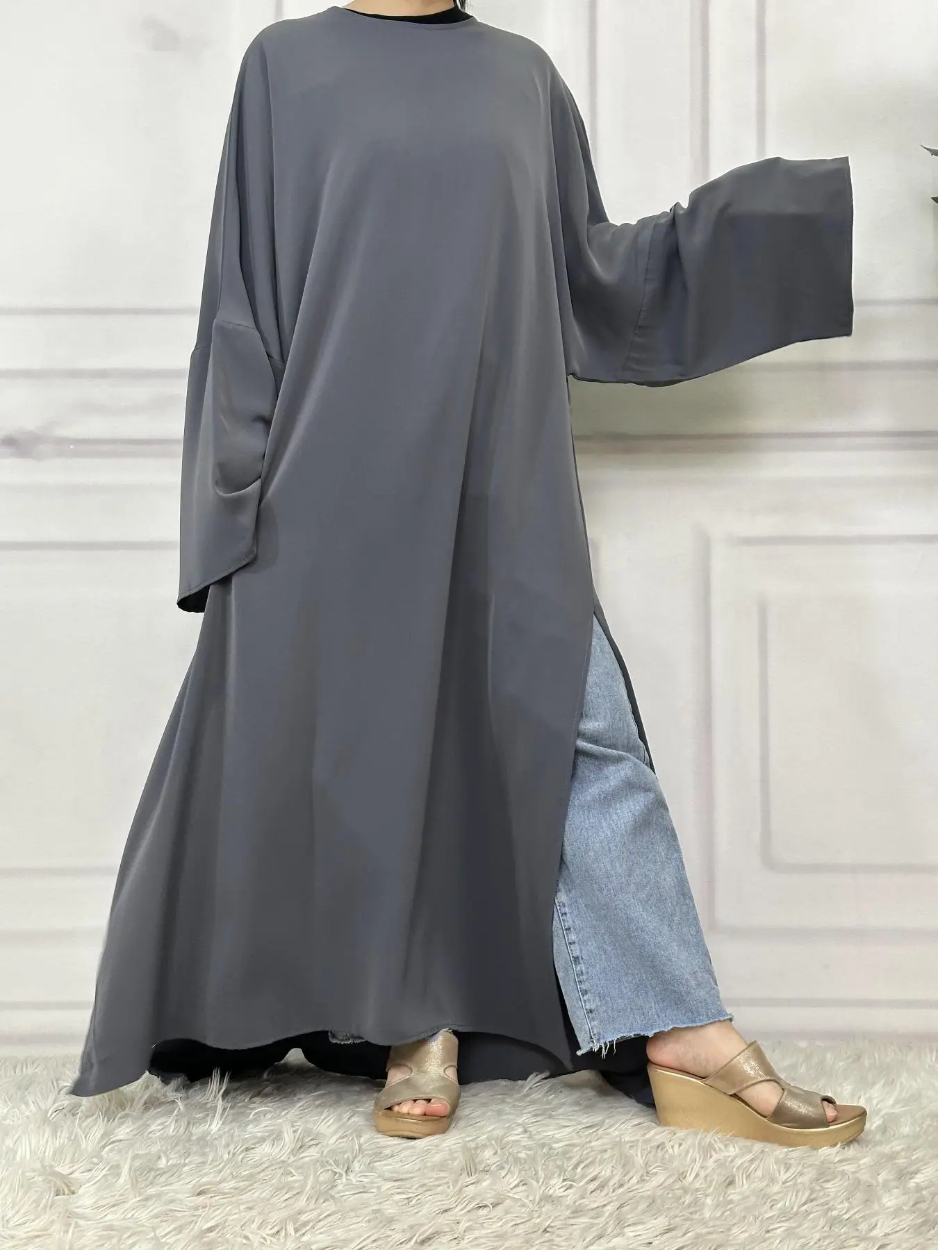 Women's Solid Color Long Sleeve Dress, Modest Casual Dress for Daily Wear, Ladies Islamic Clothing for All Seasons
