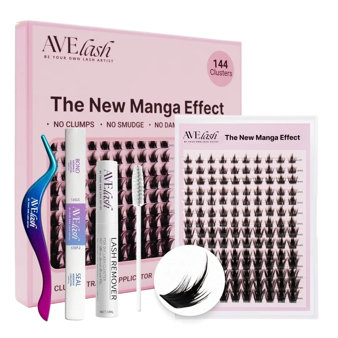 AVELASH New Manga Lash Clusters Kit California Sunset - 40% Lighter Black Band Mix 8-18mm Eyelash Extension kit Water Proof- Dramatic Anime C Curl - 140 Clusters Wet Look Eyelash Extensions Makeup Cosmetic Gentle