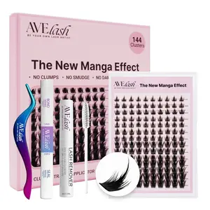 AVELASH New Manga Lash Clusters Kit California Sunset - 40% Lighter Black Band Mix 8-18mm Eyelash Extension kit Water Proof- Dramatic Anime C Curl - 140 Clusters Wet Look Eyelash Extensions Makeup Cosmetic Gentle