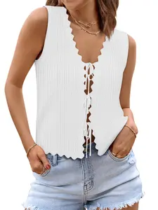 COCCKO 2026 Womens Tie Front Tops Trendy Summer V Neck Sleeveless Sweater Vests Fashion Cute Crochet Knit Tops