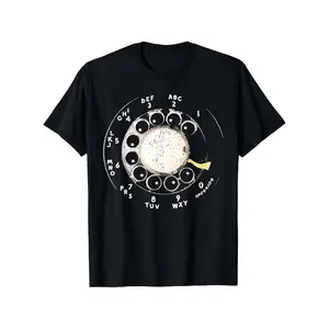 Vintage Rotary Telephone Dial Pattern T-Shirt- Inspired by The Nostalgic Design of The 1960S/70S, Featuring a White Rotary Dial And Number Buttons- 100% Comfortable Short Sleeve Round Neck Black Top, Unisex- Casual Wear And Nostalgic Theme