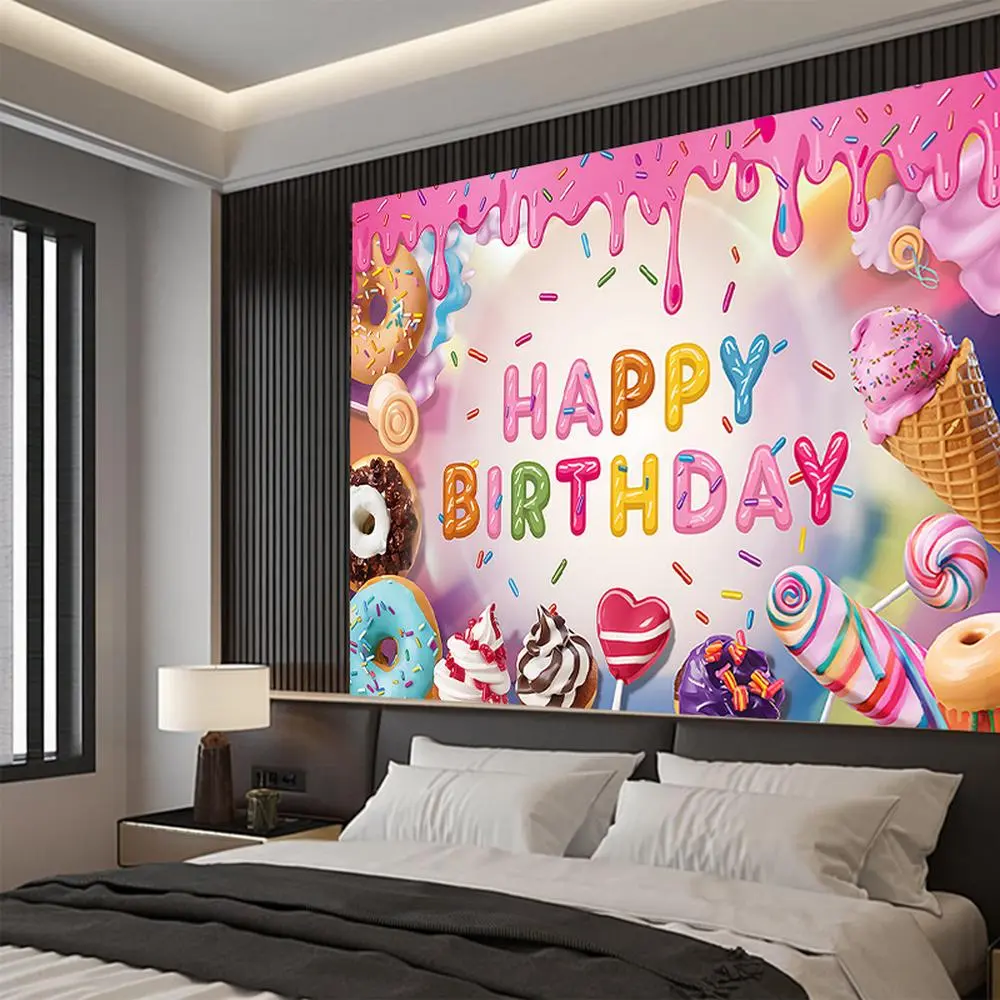 Donut Theme Vibrant Polyester Happy Birthday Banner, 1-Piece Party Decoration Supplies with Colorful Icing & Sprinkles Design, Reusable Wall Hanging Photo Booth Prop Backdrop