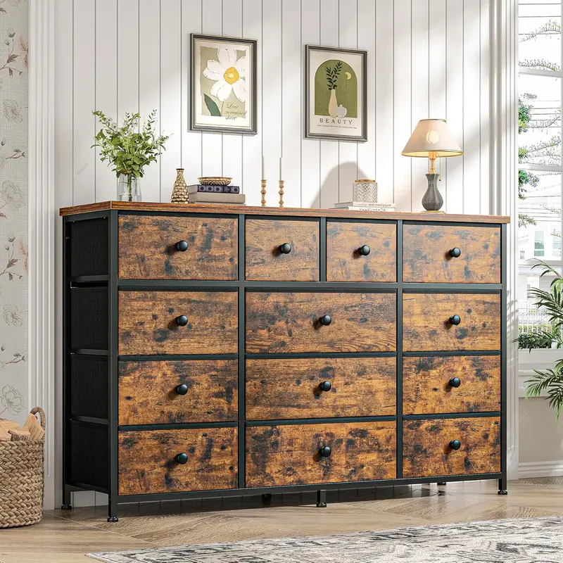 Raybee Viral Dresser for Bedroom with 13 Drawers, Dresser Bedroom Long Dressers & Chest of Drawers, Large Storage Fabric Dresser for Bedroom Living Room Entry, Sturdy Metal Frame