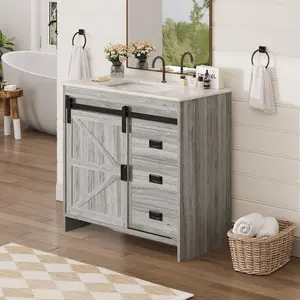 30"/32"/36" Farmhouse Single Bathroom Vanity with Ceramic Top, Gray Sliding Barn Door Sink Cabinet with Storage 30"/32"/36" Farmhouse Single Bathroom Vanity with Ceramic Top, Gray Sliding Barn Door Sink Cabinet with Storage