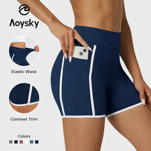 Aoysky Women's Buttery Soft High-Waisted Tummy Control Curved Waist Spandex Biker Shorts - Solid Pocket, Moisture-Wick Workout Compression Shorts for Yoga, Running, Solid Pocket Shorts
