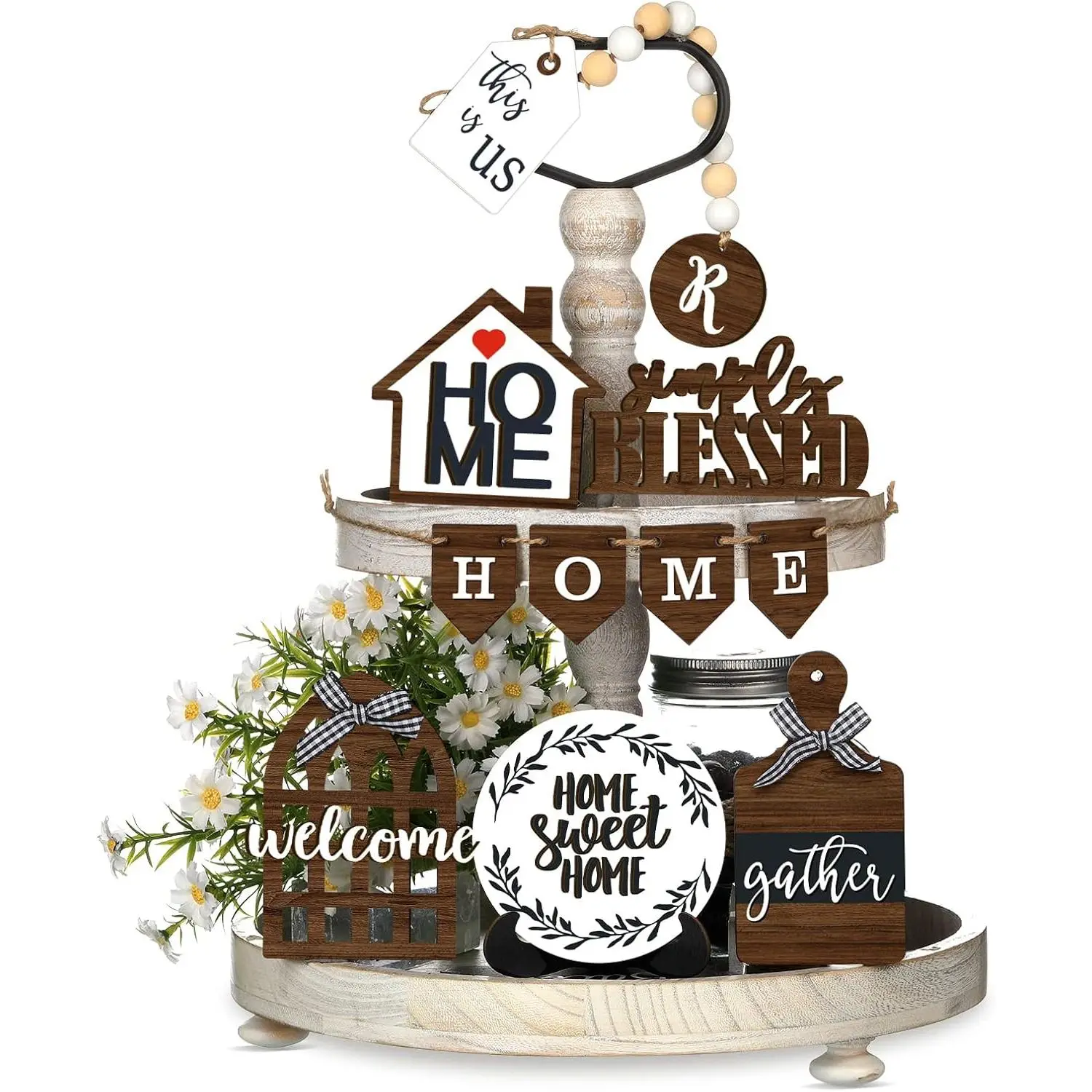 11 Pieces Farmhouse Tiered Tray Decor Home Wood Sign Rustic Simply Blessed Wooden Beads Tiered Tray Decorations Set for Home Kitchen Table Shelf