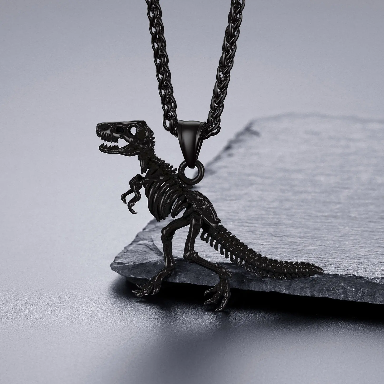 U7 316L Solid Dinosaur Skeleton Pendant Necklace, Heavy Punk Style, Color-Lasting Artificial Gemstone Jewelry with Rope Chain