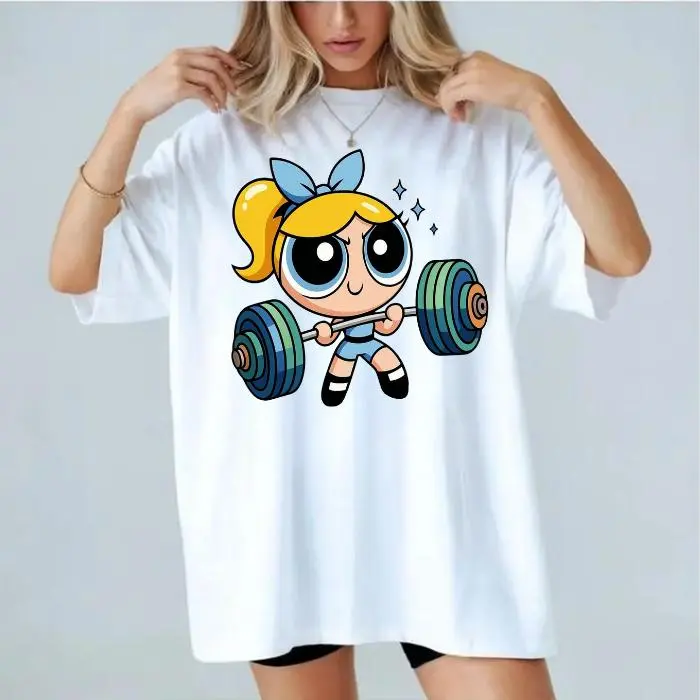Youth and Adult Bubleess #Powerpuffff Girls Gym T-Shirt, Cute Weightlifting Cartoon Shirt, Cartoon Character Shirt, Nice Unisex Graphic Tee, Heavy Lifting Shirt, Gym Shirt, Gift for Fan