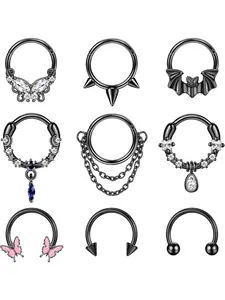 9Pcs 16G Septum Rings for Women Men Stainless Steel Body Jewelry Dangle Septum Blue Planet Teardrop CZ Butterfly Bat Spiked Daith Earrings Hoop Nose Rings Cartilage Helix Septum Piercing Jewelry