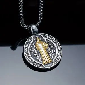 Christian Saint Benedict Cross Pendant Necklace Unisex Religious Jewelry Latin Cross Benedictine Abbey Design Durable Zinc Alloy Chain for Men Women Gift
