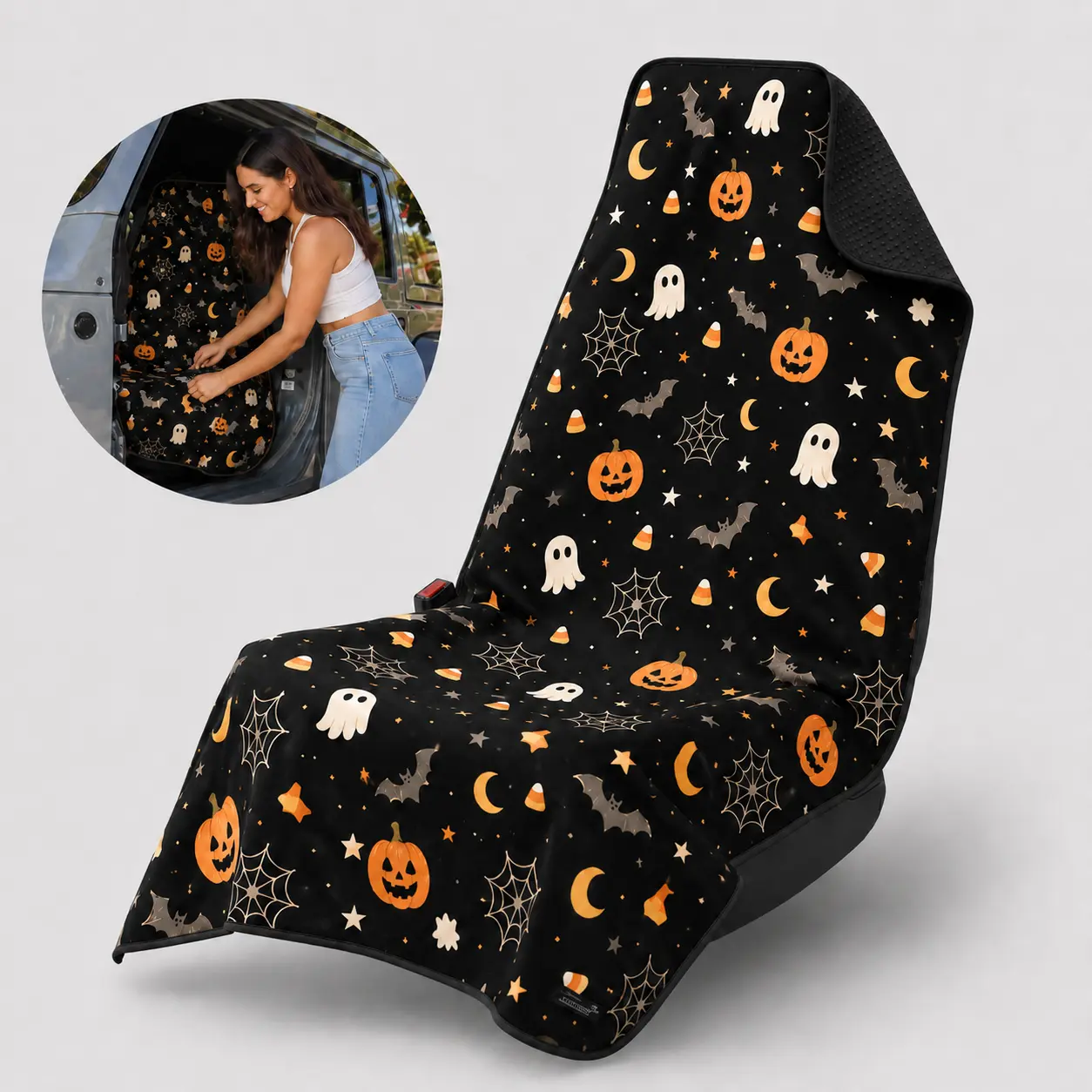 Halloween Car Seat Cover Towel for Cars, 31.5" x 63" Universal Seat Cover with Anti-Slip Headrest Grip & Snap Closure, Water-Resistant Towel for Beach, Pool, Gym and Outdoor Use