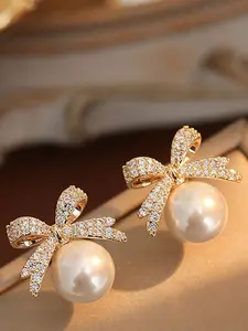 Butterfly Pearl Stud Earrings | Drop Earrings | Pearl Bowknot Decorated, Anti-fade, Hypoallergenic ,Simple and Elegant, Fashionable for Daily Wear or Parties, Exquisite Gift for Women, 14k Golden Plated Posts