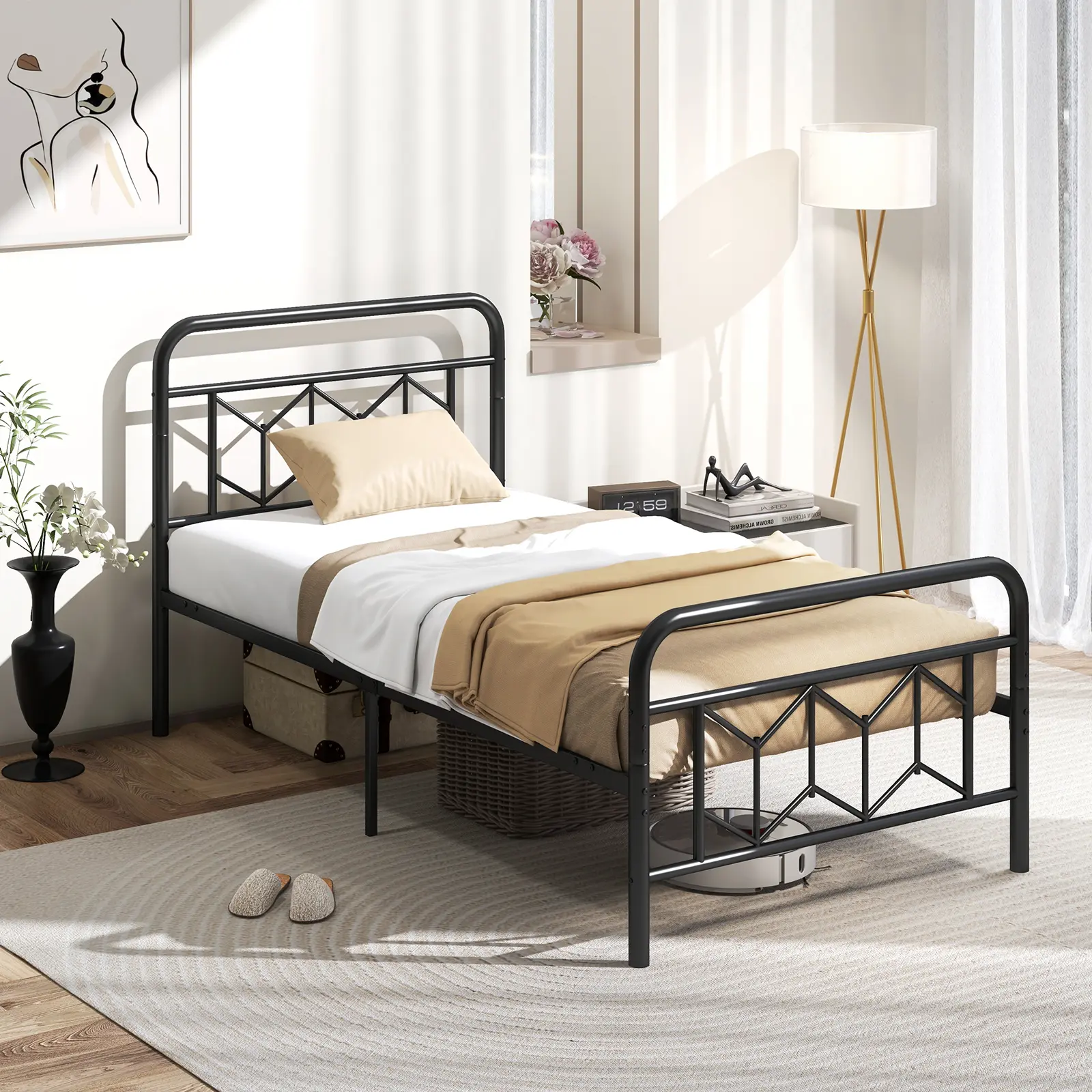 COSTWAY - Platform Bed with High Headboard and Snap Lock Metal Slats-Twin Size