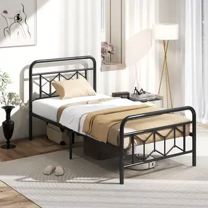 COSTWAY - Platform Bed with High Headboard and Snap Lock Metal Slats-Twin Size