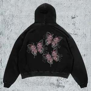 Y2K Pink Butterfly Hoodie Oversized Distressed Fleece Pullover Unisex Grunge Top Dark Fairycore Aesthetic Long Sleeve Medium Length Drawstring Hood