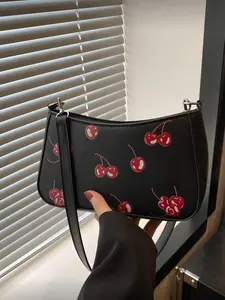 Fashion Cherry Print Underarm Casual Shoulder Bag, Ideal for Shopping, Wallets, Young Women, College Students, Office, Work, Travel