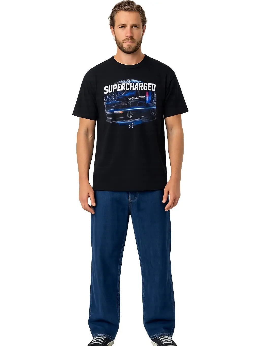 Men's Supercharged Muscle Car Casual Short-Sleeve T-Shirt - Retro Racing Logo, American Flag Graphic, FoxBody Mustang Prints, Seamless Tops