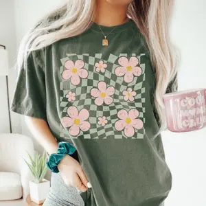 Retro Checkered Flower Shirt, Boho Flower Shirt, Groovy Flower Top, Wildflower Tshirt, Boho Shirt, Cute Summer Shirt, Preppy Aesthetic