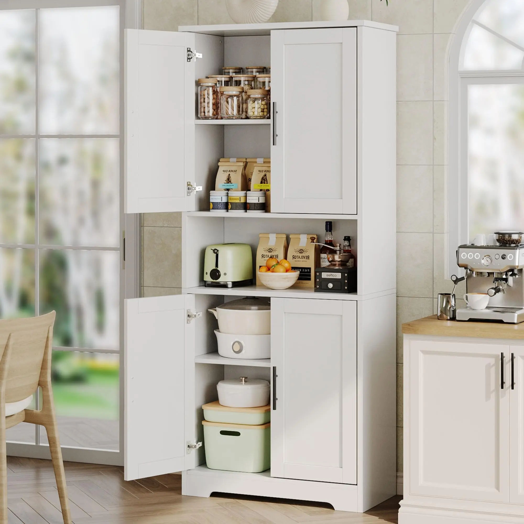 Garvee White Freestanding Pantry Floor Cabinet - 70" Tall Interior Storage Furniture with Doors, Adjustable Shelves, 15.7in Depth, 5 Compartments Separate Pantry Zones, Small Room Ideas for Kitchen, Easy Access Living Room Furniture