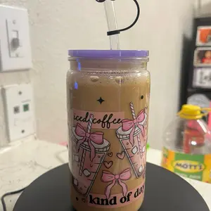 SnowGlobe 16oz Latte Coffee Cup with Glass Straw Lid & Topper Coffee Wrap Heat Resistant Iced Coffee Design