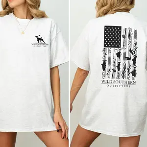 Hunting Fishing Flag T-shirt, Simply Printed Graphic Shirt, Daily Casual Cotton Womenswear