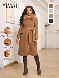 Women's Solid Button Front Belted Pocket Warm Pea Coat, Elegant Fashion Long Sleeve Collared Outerwear for Fall & Winter, Women's Clothing for Daily Wear