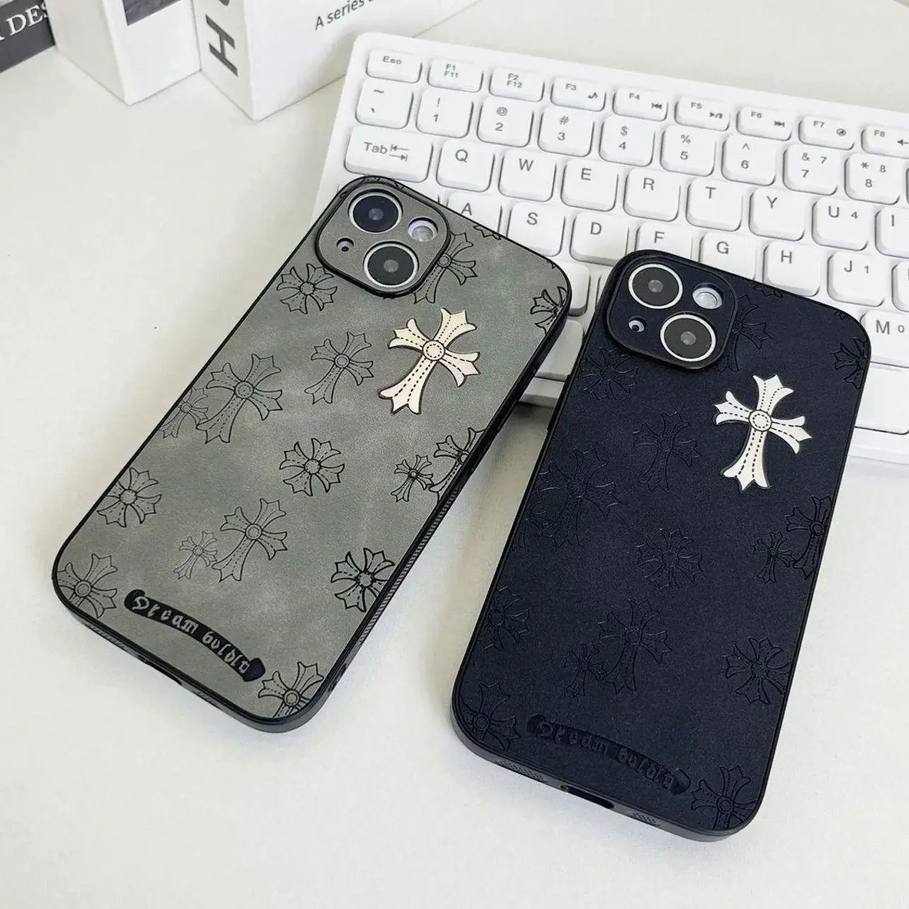 Cross Logo Leather Smartphone Casing - Compatible with iPhone 17/16/15/14/13 Pro Max, iPhone 16/15 Plus - Luxury Plain Ultra-Thin Business Handheld Wireless Devices Cover (2024, 6.1in, Black)