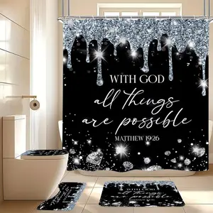 4 Pcs Black Silver Diamonds Shower Curtain Set with Rugs and Toilet Lid Cover, Black White Bible Verse Waterproof Fabric Bathroom Set, Christian Scripture Shower Curtain Bathroom Decor Set Accessories, Bathroom Decoration Accessories