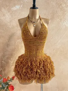Women's Sleeveless Strappy Lightweight Fringe Crochet Mini Dress - Boho Knit Lady Outfit, Casual Streetwear, Baddies Cowboy Vibe, Festival Beach Vacation Wear
