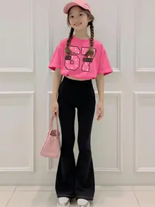 Girls' Short Sleeve Flare Pants Two-Piece, Sweet Cool Hot Pink Star 67 Print Summer Breathable Kids Set