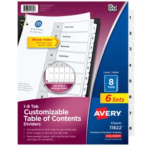 Avery Ready Index 8 Tab Binder Dividers, Customizable Table of Contents, Classic White Tabs, 6 Sets (11822)