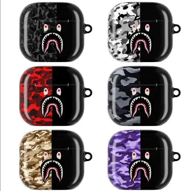 2026Shark Camo Streetwear AirPods Case Collection Bold Shark Mouth Icon with Military Camouflage Patterns Urban Hypebeast Tactical Aesthetic Half-Black Durable Protective Cover for AirPods Pro 1 2 3 , Airpod 1 2 3 4