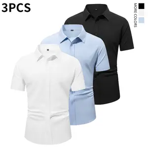 Men’s short-sleeve dress shirt, slim fit, button-up, suitable for business casual; muscle-fit men’s shirt; short-sleeve menswear gift for Dad
