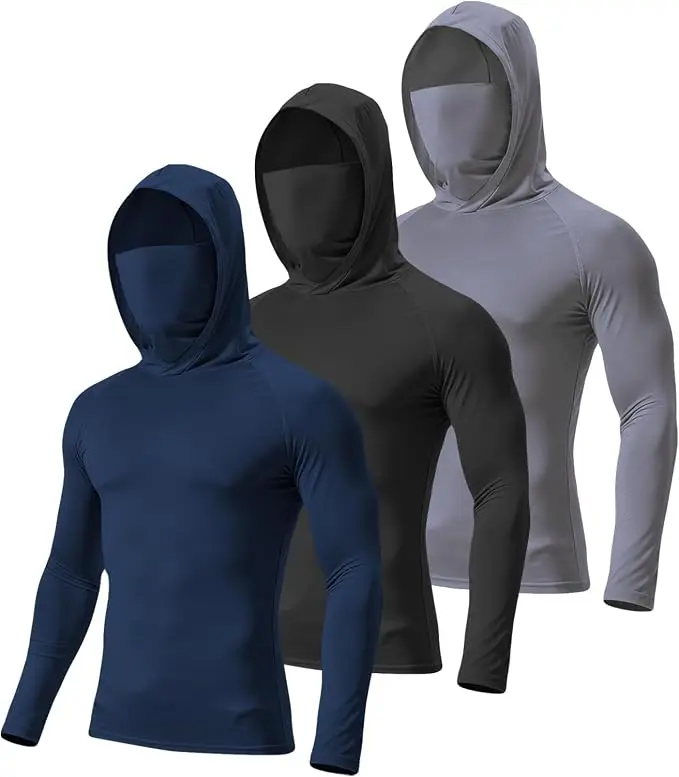 3 Pack Hoodie face mask long sleeve T-Shirt 100% polyester material fits to size quick dry good for UV sun protection comes with facemask