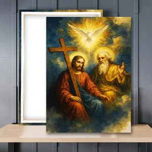 1pc Wooden Framed, Holy Trinity Art Print Poster, Christian Wall Art Canvas Painting, Father Son and Holy Spirit Wall Picture, Ideal For Bathroom, Bedroom, Office, Living Room, Wall, Room, Bible Verse Home Decor, Perfect Gift Idea