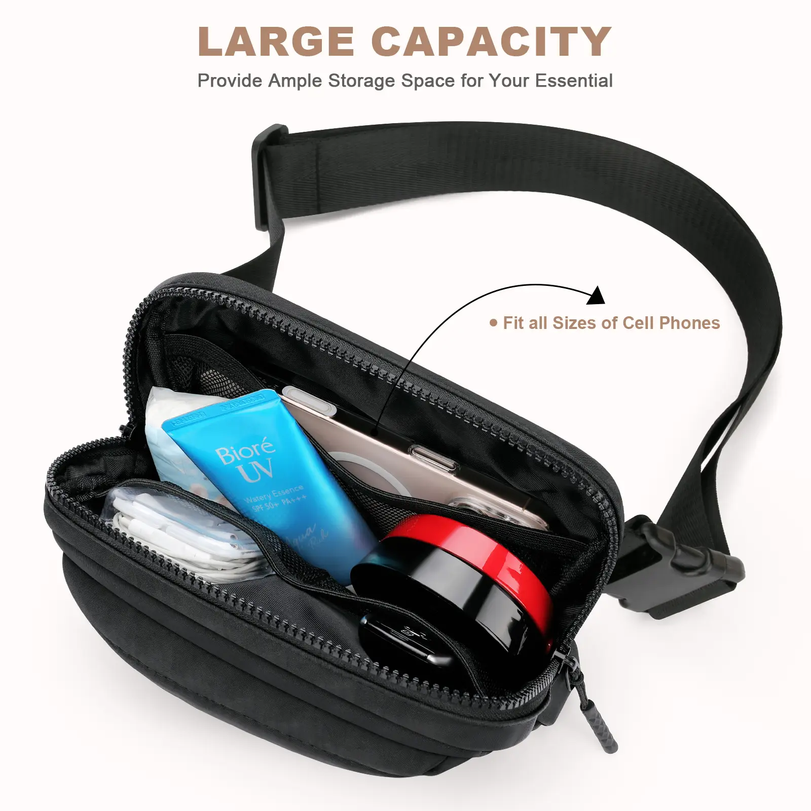 BesTour Fanny Packs for Women Men,Belt Bag with 4 Zipper Pockets,Waterproof Crossbody Bag,Fashion Waist Packs with Adjustable Long Strap for Workout/R