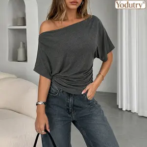Off-The-Shoulder Asymmetrical Top Ruched Side Casual Blouse Dolman Short Sleeve Tee Form-Fitting Knit T-Shirt Off-Shoulder Knit Top Casual Loose Batwing Blouse Cinched Waist Ruched Tunic Versatile Off-Shoulder
