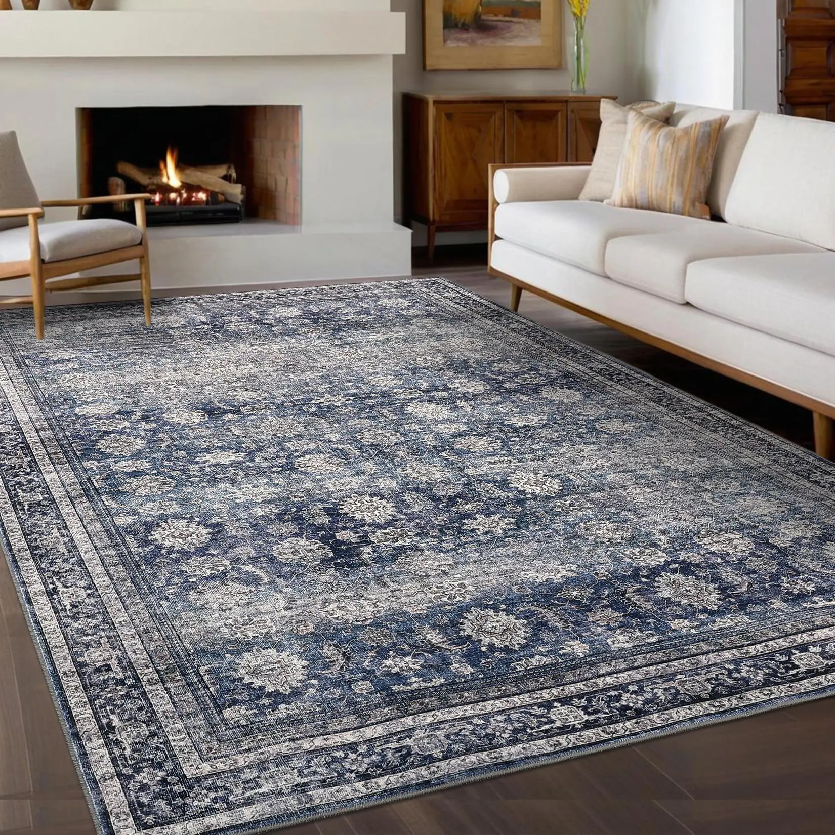 Large Area Rugs 10x13 Vintage Living Room Rugs with Non-Slip Backing, Machine Washable Oriental Distressed Floor Carpet, Stain-Resistant Foldable Low Pile Rugs for Bedroom, Office, Blue