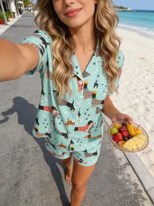 Women's Short Sleeve Pyjama Set, Mint Christmas Sausage Dog Full Print, Casual Breathable Home Wear, All Seasons
