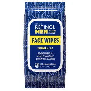 LIVAURA Retinol Men Facial Wipes Anti-Aging Cleansing Towelettes - Quickly cleanse face from sweat, oil and pore-clogging dirt without any heavy residue