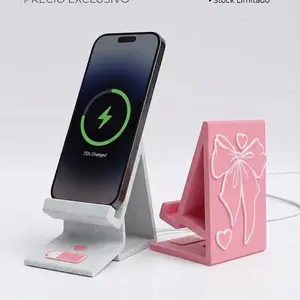 Phone Holder - Pink and Gray Design with Heart and Bow Motifs for Secure Device Placement