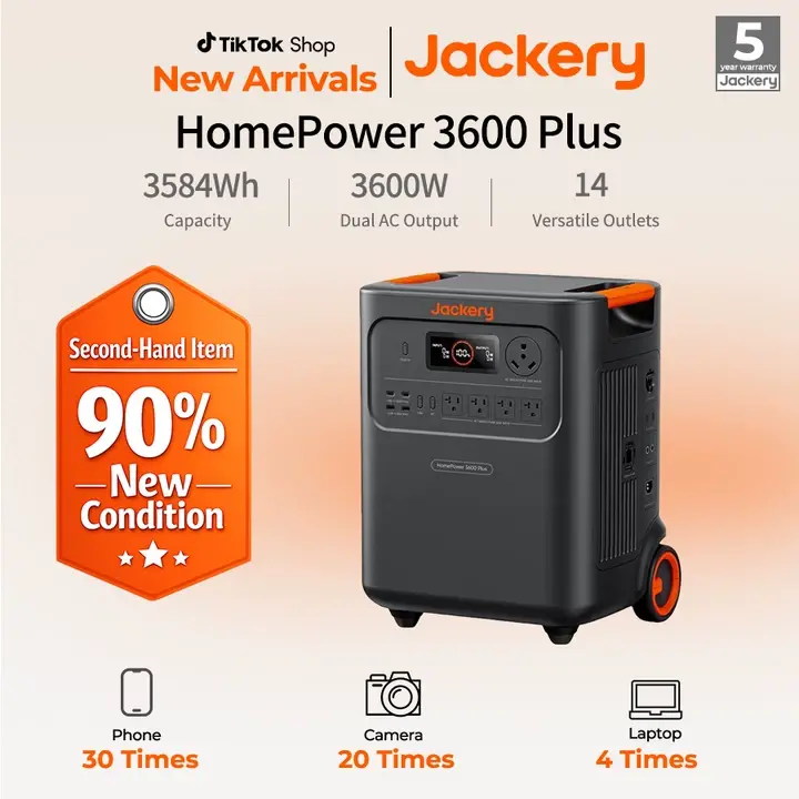 [Second-hand item in 90% new condition]Jackery HomePower 3600 Plus Portable Power Station, 3600W AC Output, 3584Wh LFP Solar Generator, Expandable up to 21kWh, Essential Home Backup for Home Use, Emergencies, RV