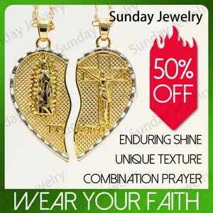 Sunday Jewelry Virgin Mary Heart Necklace 14K Gold Plated Double Chain Combination Prayer Pendant for Women & Men TE AMO Inscribed Couple Necklace Religious Symbolism Elegant Dual Heart Design 55&60cm Chain Length