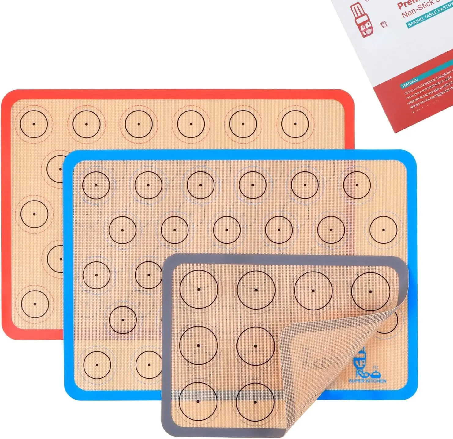 Baking Mat Macaron - Set of 3 (2 Half Sheet Liners and 1 Quarter Sheet), Non Stick Silicon Cookie Oven Liner For Macaroons, Bake Pans, Pizza, Toaster, Cake and Bread Making (Red,Blue,Gray)