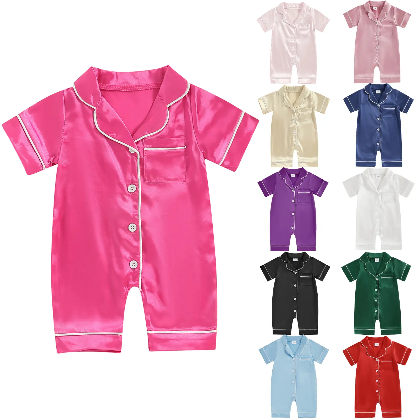 REDWOON Infant Baby Girl Boy Silk Jumpsuit Pajamas Short/Long Sleeve Button-Up Satin Pjs Footie Romper Pajama Nightgown