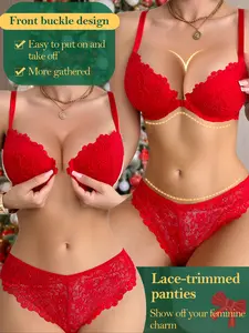 Women's Lace Sexy Christmas Theme Push-Up Bra Set, Fitted Medium Support Lined Underwear, Valentine's Day Gift, All Seasons