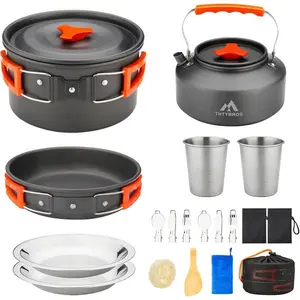 17pcs Camping Cookware Kit, 0.45Gal Pot, 7inches Pan,0.30Gal Kettle Set with 2 Set Stainless Steel Cups Plates Forks Knives Spoons for Hiking