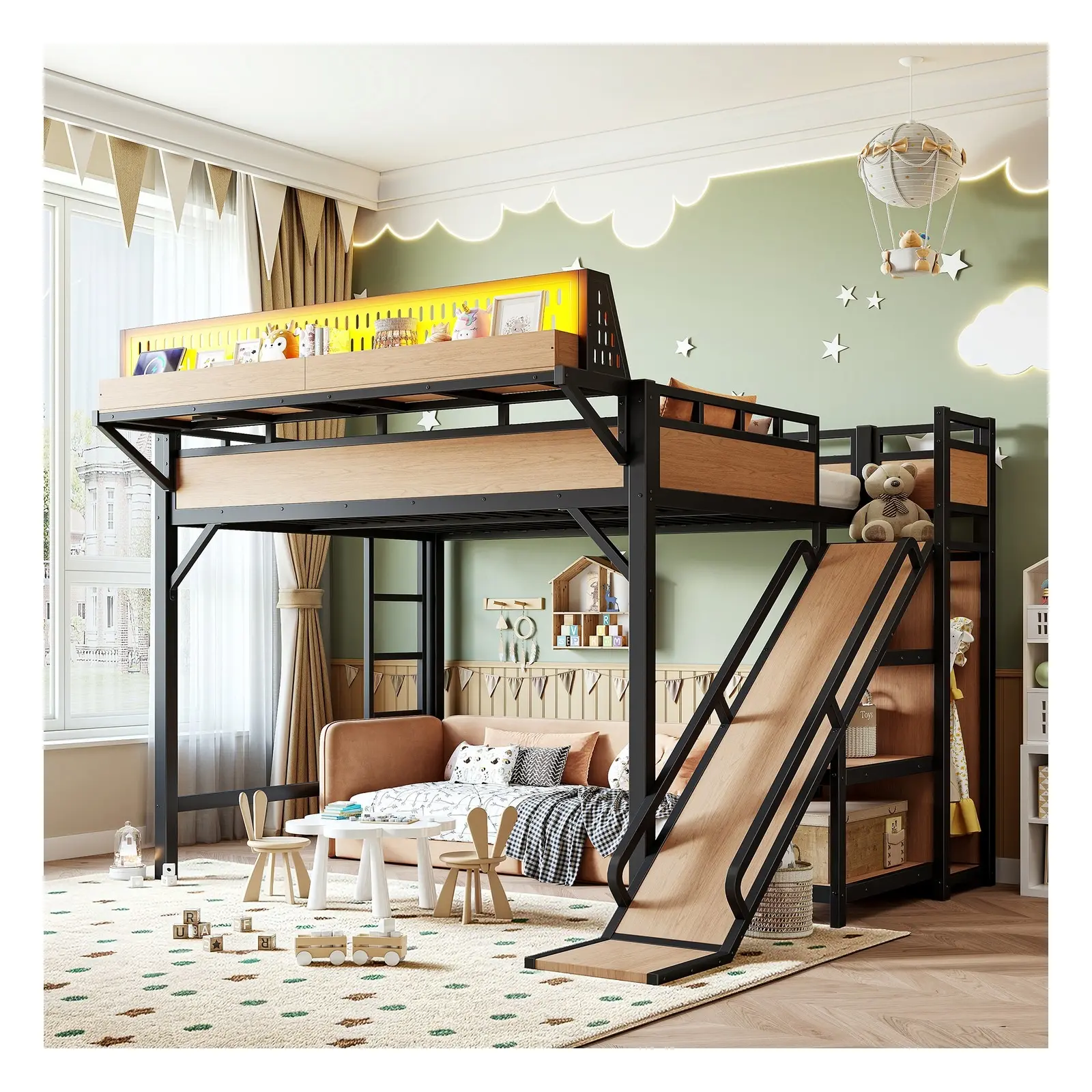 Twin XL/Full/Queen Upholstered Loft Bed Frame with LED Lights, Charging Station, Desk, Storage Shelves and Wardrobe, Natural/Black