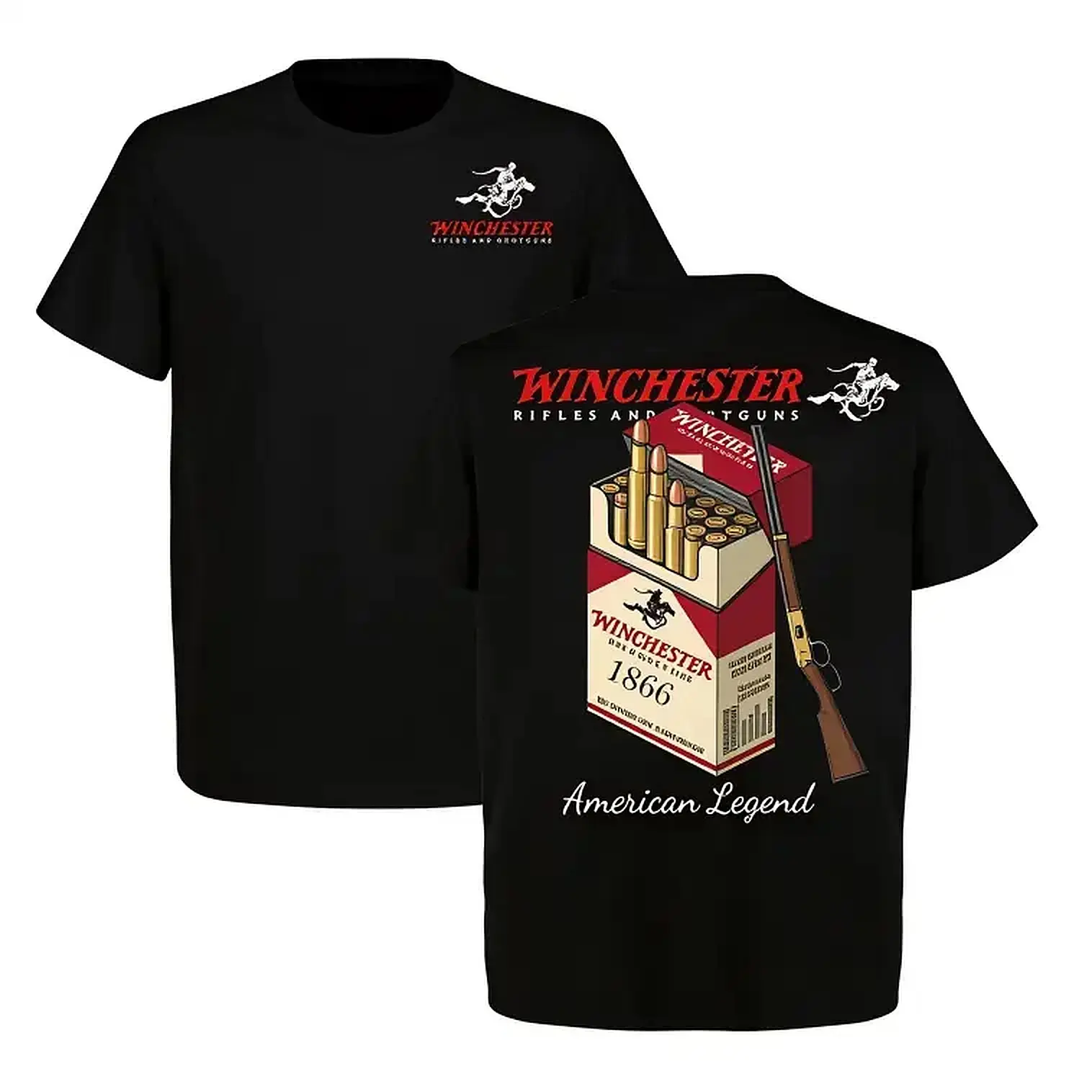Men's Winchester 1866 American Legend Graphic Short-Sleeve Tee - Oversized Garment-Dyed Heavyweight Cotton Canvas Fabric Shirt, Retro Ammo Box/Lever Action Rifle Print, Bold Contrast Curated Colors Gym Pump Cover